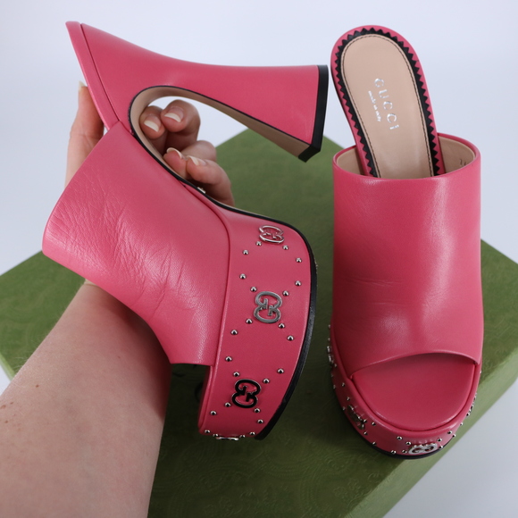Gucci  37.5 Janaya Logo Studded pink GG Platform Heels Mules E800 - Picture 3 of 14